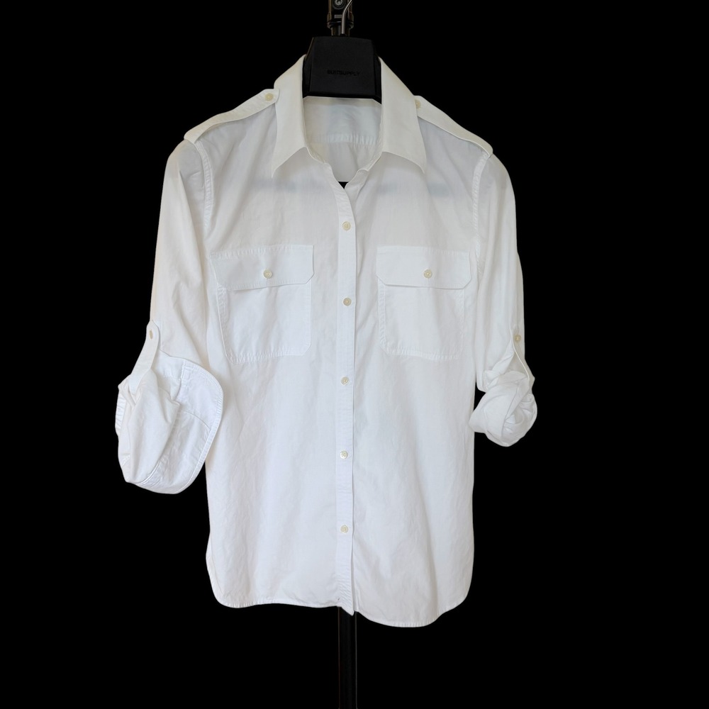 90's Lauren Ralph Lauren White Cotton Roll Tab Utility Shirt Epaulettes Large